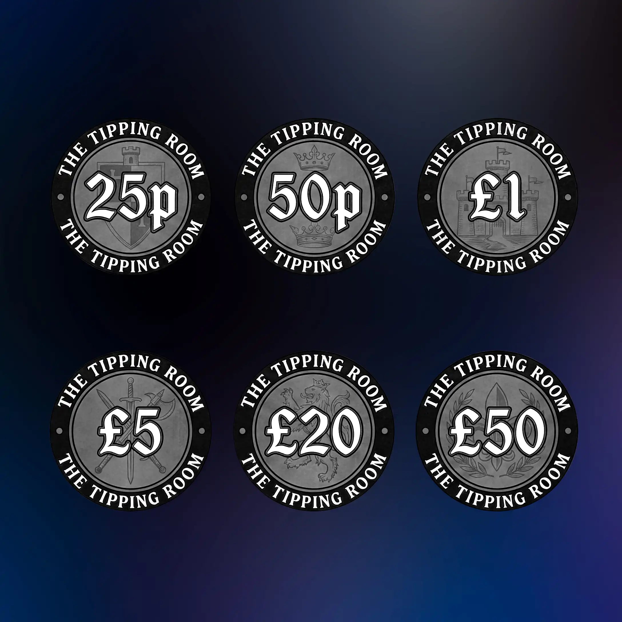 Digital proofs and artwork iterations for The Tipping Room label designs, showcasing the progression of the medieval theme